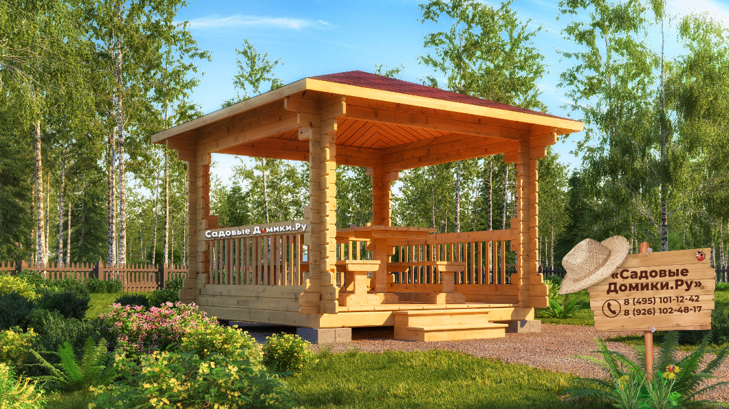 Открытая беседка 3х3 м с 4-скатной вальмовой кровлей