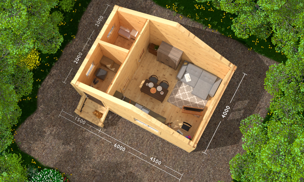 Планировка каркасного дома 6х4: прихожая, санузел, комната отдыха
