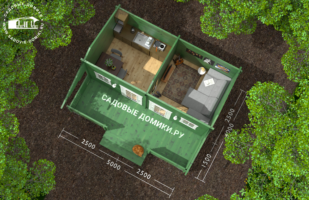 Планировка хозблока 5х4: 2 хозяйственных помещения, открытая веранда
