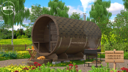 Баня-бочка 3 метра с крылечком и лавочками