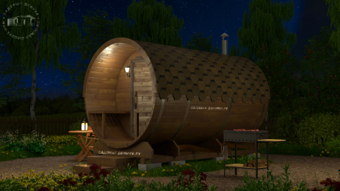 Баня-бочка 3 м с двумя отсеками и крыльцом под общей кровлей