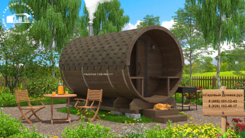 Трехметровая бочка с печью и полками в парилке