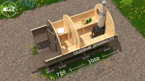 Планировка бани-бочки 3 метра: крыльцо с лавками, предбанник и парилка