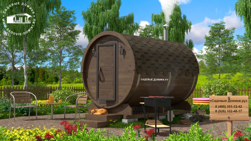 Баня-бочка 3 метра с отделкой и печкой