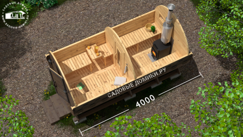 Планировка бани-бочки 4 метра: парилка и комната отдыха