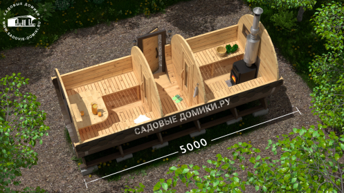 Планировка бани-бочки 5 метров: тамбур, парная, комната отдыха