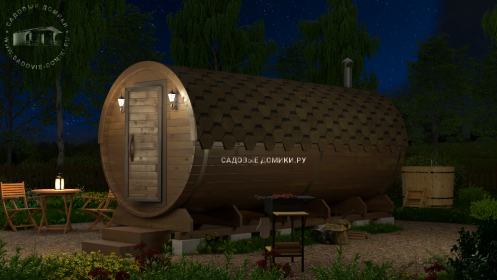 Баня-бочка 5 м с 2 отсеками и входом с торца