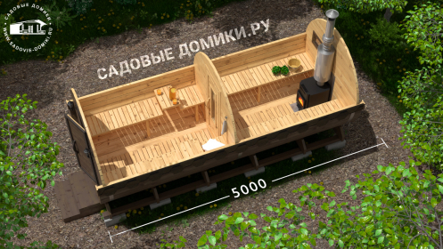 Планировка бани-бочки 5 метров: парилка и предбанник