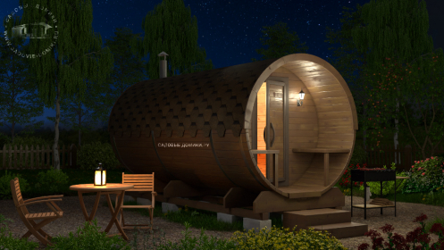 Баня-бочка 4 м с парной и комнатой отдыха и крыльцом 70 см