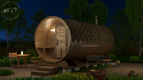 Баня-бочка 4 метра в 2 секции и крыльцо