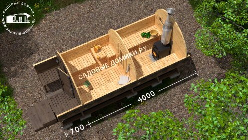 Планировки бани-бочки 4 м: крыльцо с лавками, предбанник, парилка