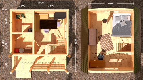 Планировка бани 5х5,5: терраса, предбанник, моечная, парилка, спальня