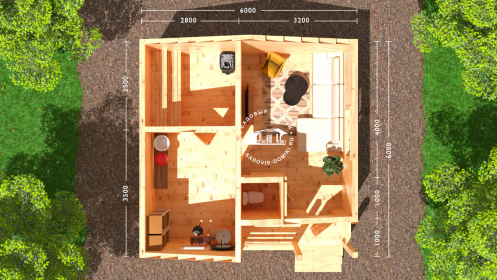 Планировка бани 6х6: крыльцо, комната отдыха, санузел, моечная, парилка