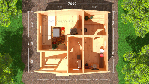 Планировка бани 7х6: крыльцо, прихожая, предбанник, моечная, парилка