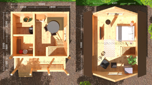 Планировка бани 5х5,5: веранда, предбанник, моечная, парилка, спальня