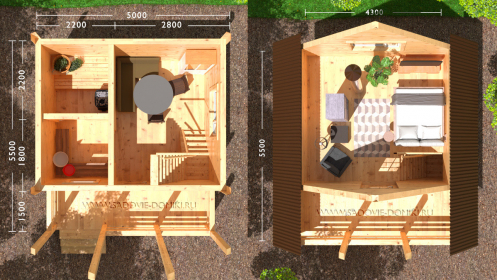 Планировка бани 5х5,5: терраса, предбанник, моечная, парилка, спальня, балкон