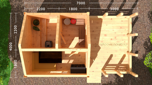Планировка бани 7х4: беседка, предбанник, моечная, парилка
