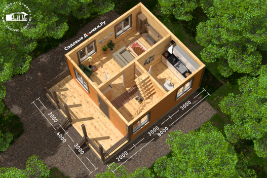 План 1 этажа: открытая веранда, прихожая, кухня, гостиная