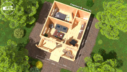 Планировка дома 6х7,5: веранда, большая комната-студия, спальня