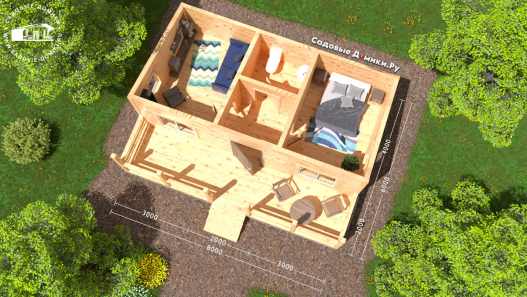 Планировка дома 8х6: открытая терраса, прихожая, санузел, спальня, кухня-гостиная