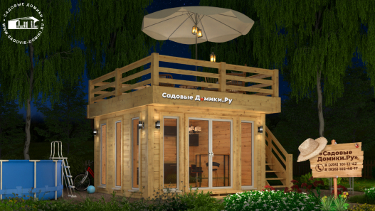 Деревянная беседка на крыше дома