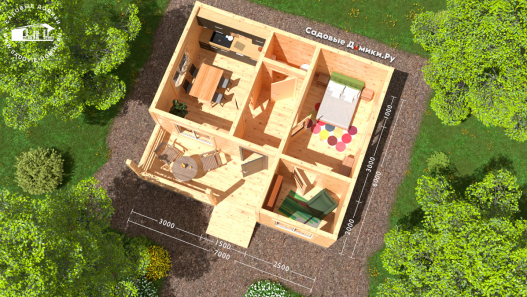 Планировка дома 7х6: крыльцо, холл, санузел, кухня, гостиная, спальня