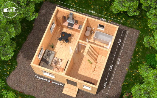 План 1 этажа: прихожая, лестница, санузел, кухня-гостиная