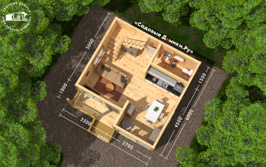 План 1 этажа: небольшая веранда, кухня-гостиная, санузел