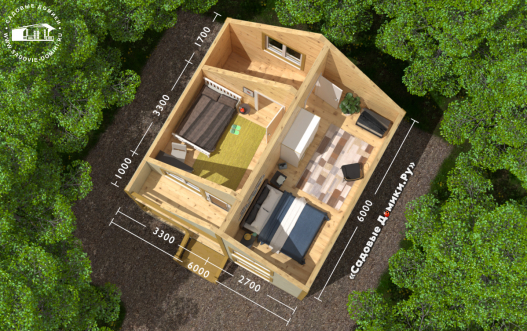 Планировка 2 этажа: спальня, комната отдыха, балкон