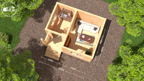 Планировка дома 5х4: крыльцо, прихожая, комната