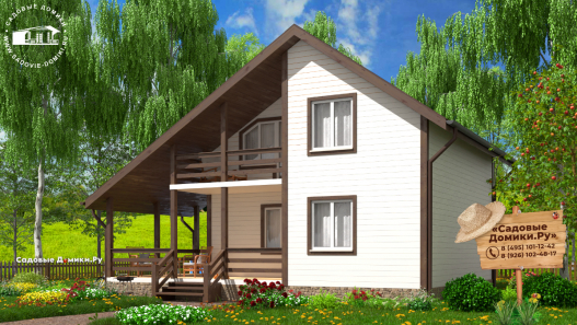 Каркасный двухэтажный дачный дом 8 на 8 с открытой верандой