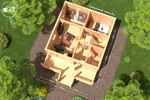 План 1 этажа - крыльцо, веранда, прихожая, санузел, гостиная, кухня, рабочий кабинет