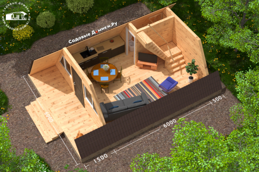 Планировка дома-шалаша: веранда, кухня-гостиная, санузел