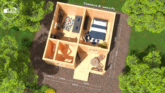 Планировка дома 6х6: крыльцо-веранда, прихожая, кухня, спальня, санузел