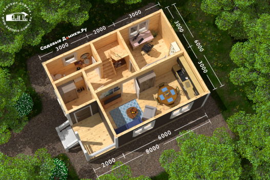 Планировка 1 этажа: веранда, прихожая, санузел, кухня-гостиная, рабочий кабинет