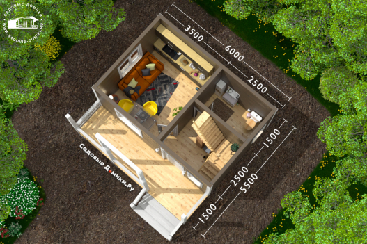 План 1 этажа: веранда, прихожая, санузел, кухня-гостиная