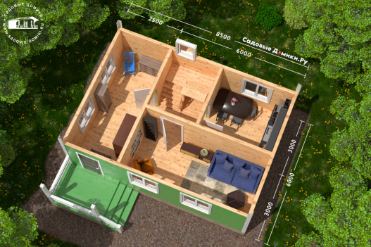 Планировка 1 этажа: крыльцо, закрытая терраса, холл, кухня, гостиная