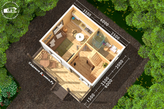 План 1 этажа: веранда, прихожая, санузел, кухня-гостиная