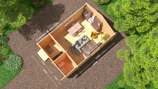 Планировка домика 4х6 - гостиная, прихожая и санузел/кладовка