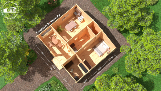 Планировка дома 7х6: холл, санузел, кладовка, кухня, спальня и терраса