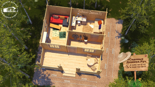 Планировка дачного домика 6 на 6 метров - 3 комнаты и веранда