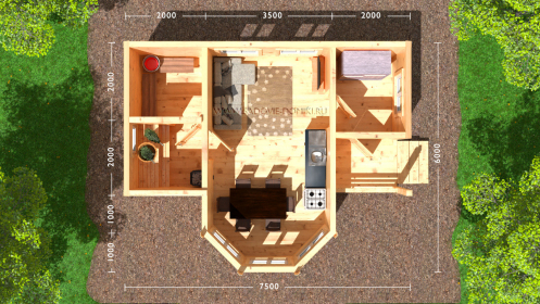 Планировка бани 7,5х6: крыльцо, прихожая, комната отдыха или кухня, моечная, парилка