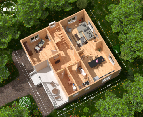 План 1 этажа: веранда, прихожая, котельная, санузел, кухня, гостиная, рабочий кабинет