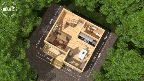 План 1 этажа: небольшая веранда, кухня-гостиная, санузел