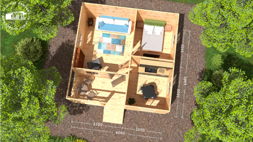 Планировка дома 6х6: крыльцо-веранда, гостиная, кухня, спальня