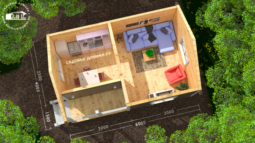 Планировка каркасного дома 4х6: крыльцо, зал, кухня