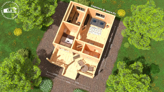 Планировка дома 6х8: веранда, тамбур, санузел, зал, кухня, спальня