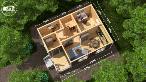 Планировка 1 этажа: веранда, прихожая, санузел, кухня-гостиная, рабочий кабинет