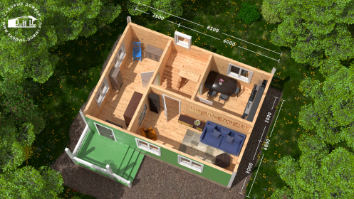 Планировка 1 этажа: крыльцо, закрытая терраса, холл, кухня, гостиная