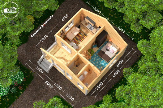 Планировка №2: веранда, прихожая, санузел, кухня-гостиная, спальня